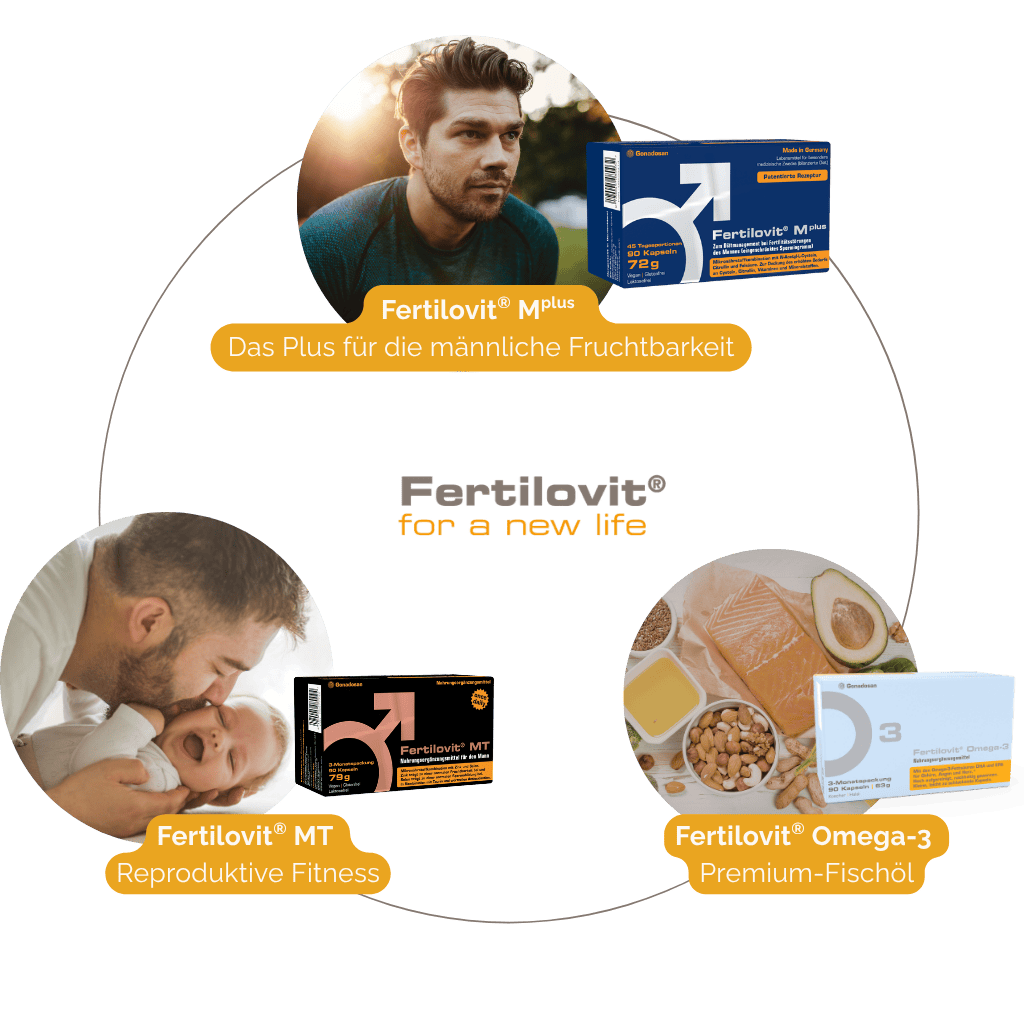 Fertilovit-Ergänzungspräparate für die männliche Fruchtbarkeit, einschließlich Fertilovit M Plus, MT reproduktive Fitness und Omega-3 Premium-Fischöl zur Unterstützung der reproduktiven Gesundheit