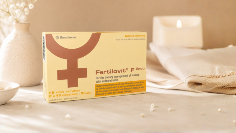 Fertilovit F Endo fertility supplements with vitamins, micronutrients and omega-3 support for women with endometriosis who are trying to conceive
