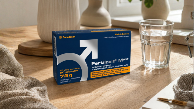 Fertilovit Mplus male fertility supplements with scientifically developed vitamins and micronutrients to support sperm quality, reproductive health and conception
