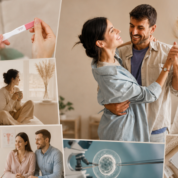 Fertility journey collage showing a positive pregnancy test, happy couple trying to conceive, fertility consultation and IVF treatment support